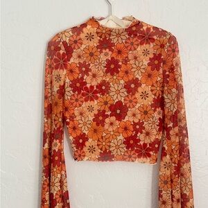 Hippie 60s 70s Style Floral Long Bell Sleeve Sheer Women's Top Small